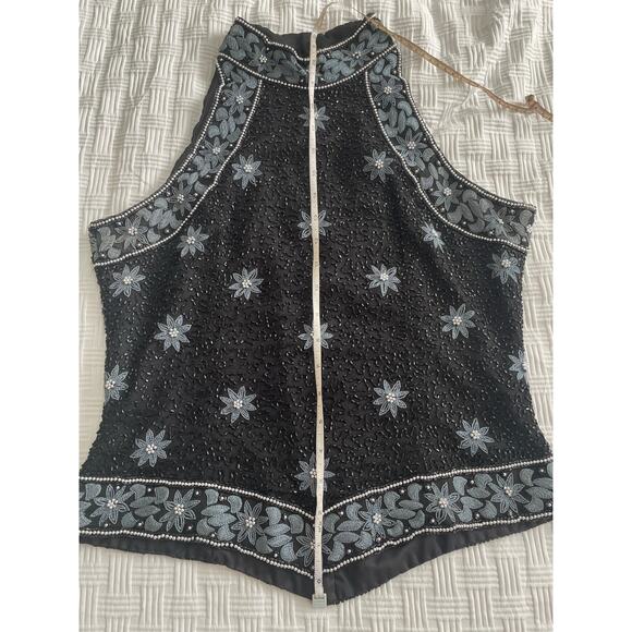 VTG All Over Floral Beaded Modest Asymmetric Hem Sleeveless Top NYE Elegant Y2K - Picture 7 of 12